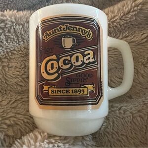 Vintage 1980s Anchor Hocking‎ 'Aunt Jenny's Sippin Coffee Milk Glass Mug Cup